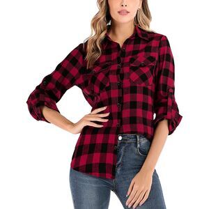 MATCHSTICK Red Buffalo Plaid Long Roll Tab Sleeve Flannel Shirt SIZE LARGE